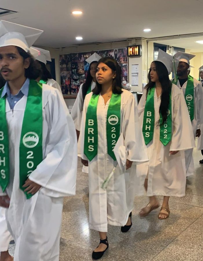 Bronx River High School Seniors get ready to march into the auditorium.