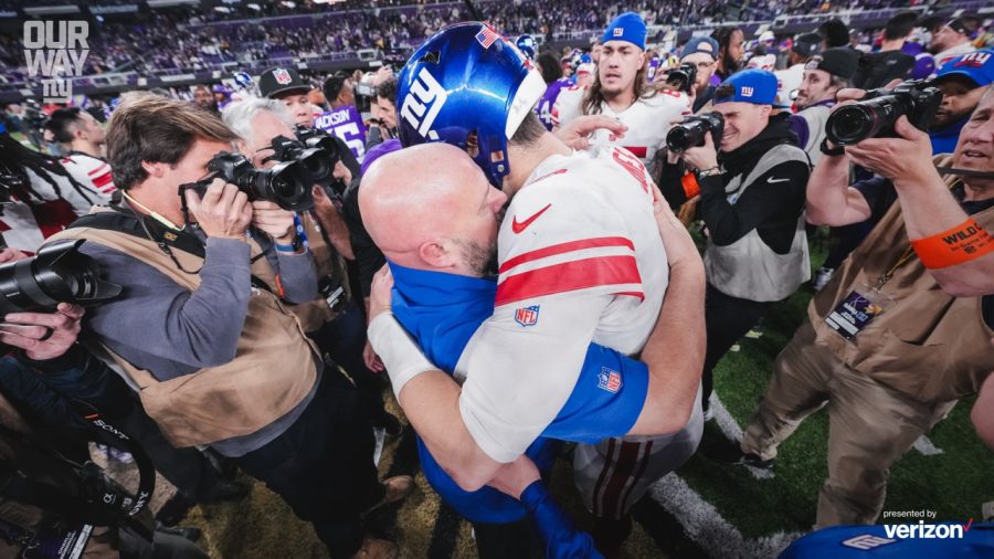 The New York Giants celebrate an upset win over the Vikings. 