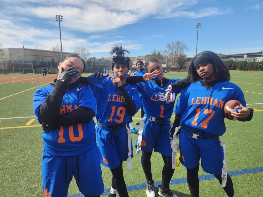 Four+Bronx+River+students%2C+Katalina+Ordonez%2C+Eva+Jackson%2C+Alexandra+Lee+and+Azzurede+Strong%2C+played+in+a+flag-football+tournament+sponsored+by+the+Lehman+Campus.+