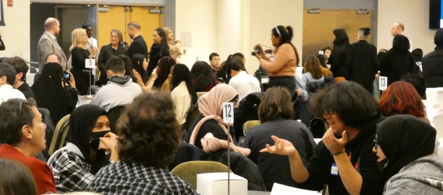 BRHS participants at the Baruch Journalism Conference discuss the just-completed press conference with New York State Senator John Liu.  