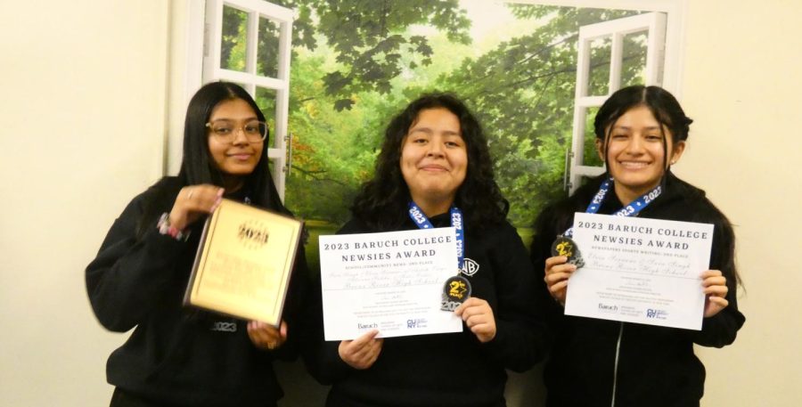 Seniors Sara Singh, Katie Ordaz and Elvia Serrano show off their awards from the journalism conference.