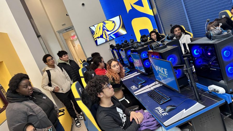 Students from the Valorant Team Esports team check out Pace University’s Esports Arena.
