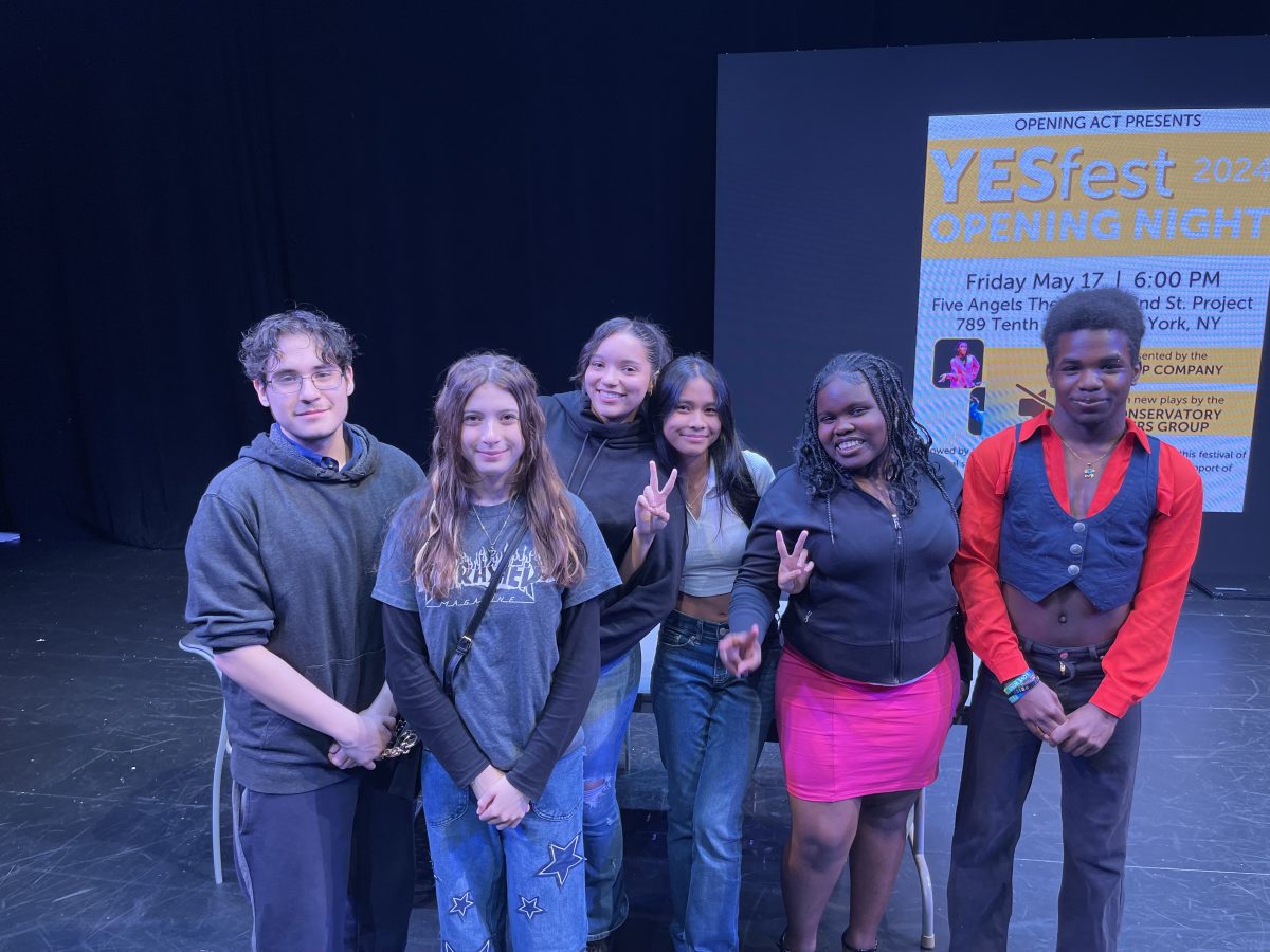 Representing Bronx River High School, from left,  Gabriel Gallardo, Mia Lappe, and Alexa Figueroa with the middle student being Daniella Padigas. At the right are Annkiara Bourdeau and Jahayme Lamar.