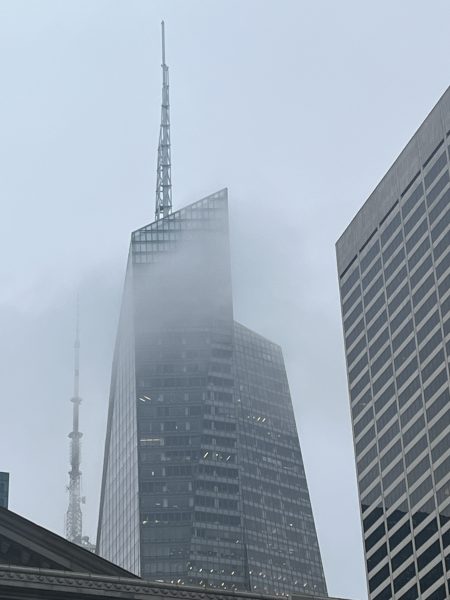Gloomy skies devour the Bank of America Tower near Bryant Park. 
