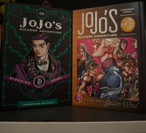 Volume covers of Jojo bizarre adventure part 1 volume 1 and part 5 volume 2, showcasing Araki's art.