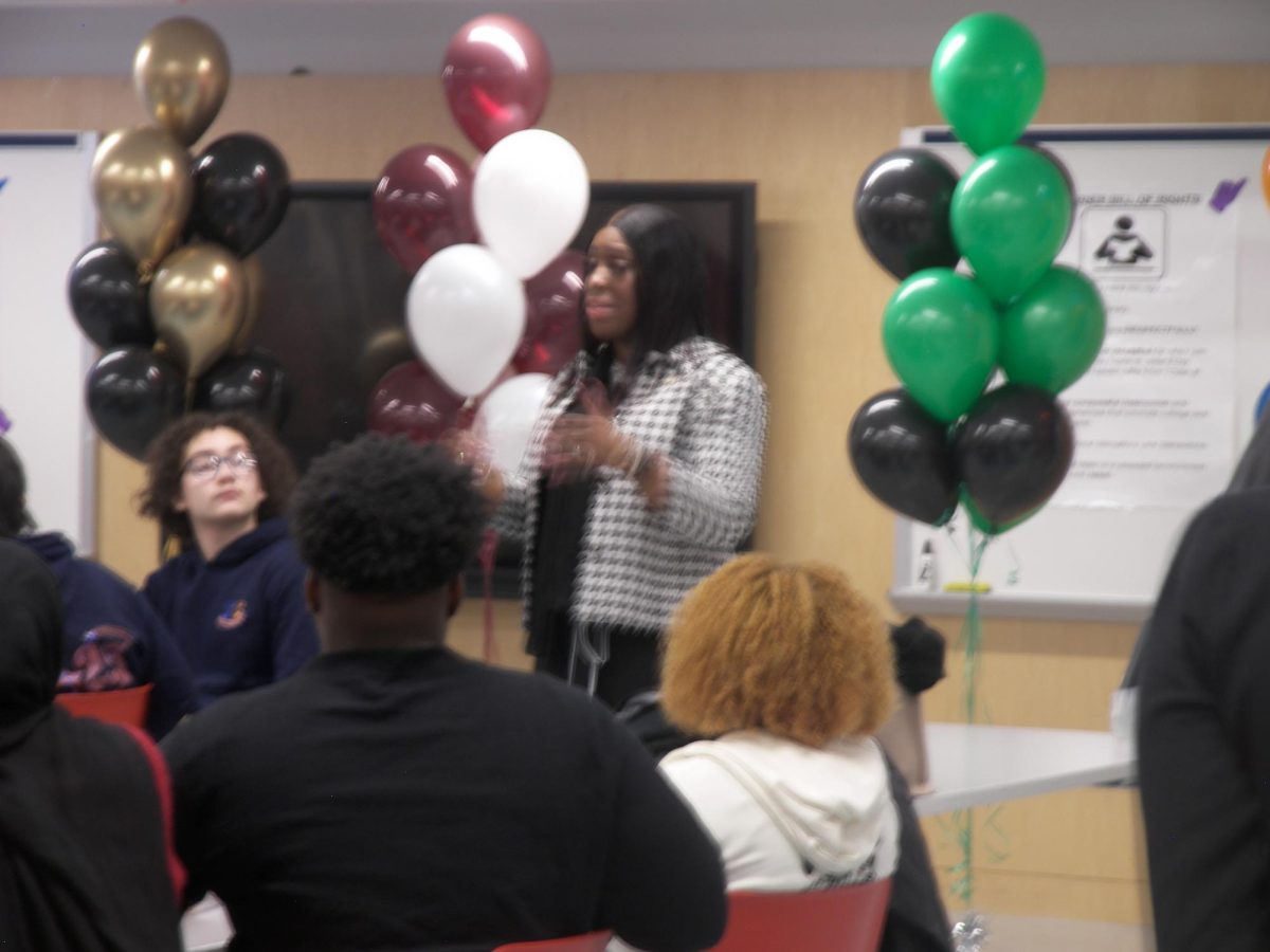 Bronx Borough President Vanessa Gibson gives a motivational speech to student council representives from schools on Lehman Campus.