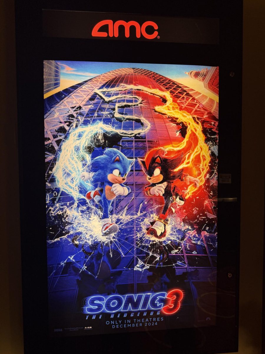 "Sonic the Hedgehog 3" movie poster at AMC theaters in Bay Plaza.