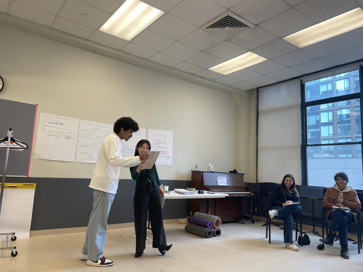 Diosbeni Rojas discusses his script with Lennox T. Duong, an actress at the Manhattan Theatre Club workshop. 