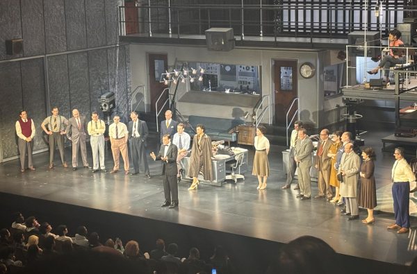 George Clooney, the star of the Broadway play "Good NIght, and Good Luck'' addresses students in the audience after the performance.