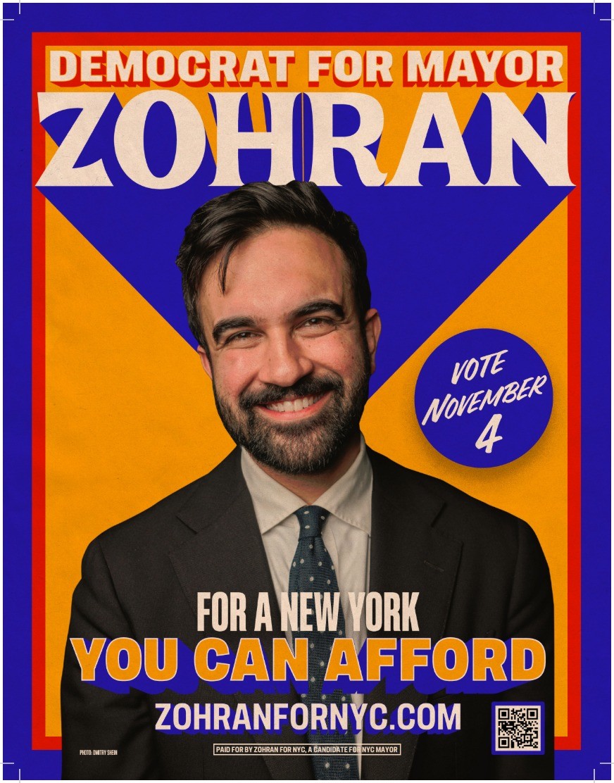 Zohran Mamdani's campaign site has downloadable posters and stickers. 