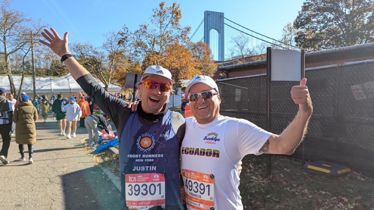 Francis Ayala and Justin Chapura get ready to run in the New York Marathon.