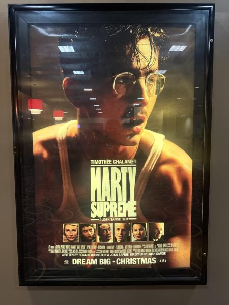 The poster for "Marty Supreme" at the AMC Theater in Bay Plaza.