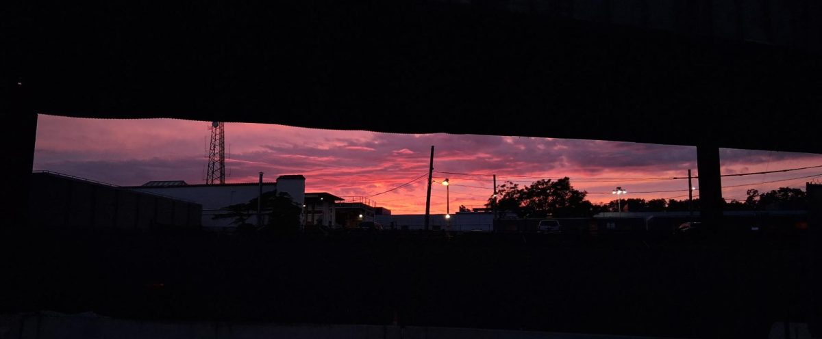 A pink sunset lights up the sky under East 180th Street at the end of a rainy spring day.  
