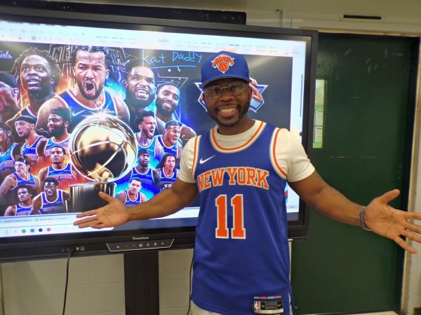 Abraham Zuniga, a math teacher, celebrates the Knicks win in style.